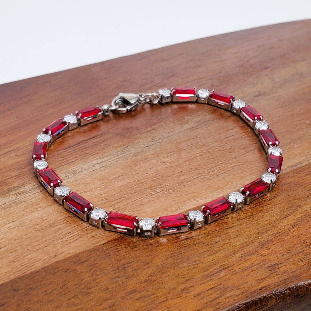 925 Silver 6.5" Womens 2ct Red Ruby 1ct Diamond Tennis Bracelet Ladies Jewelry